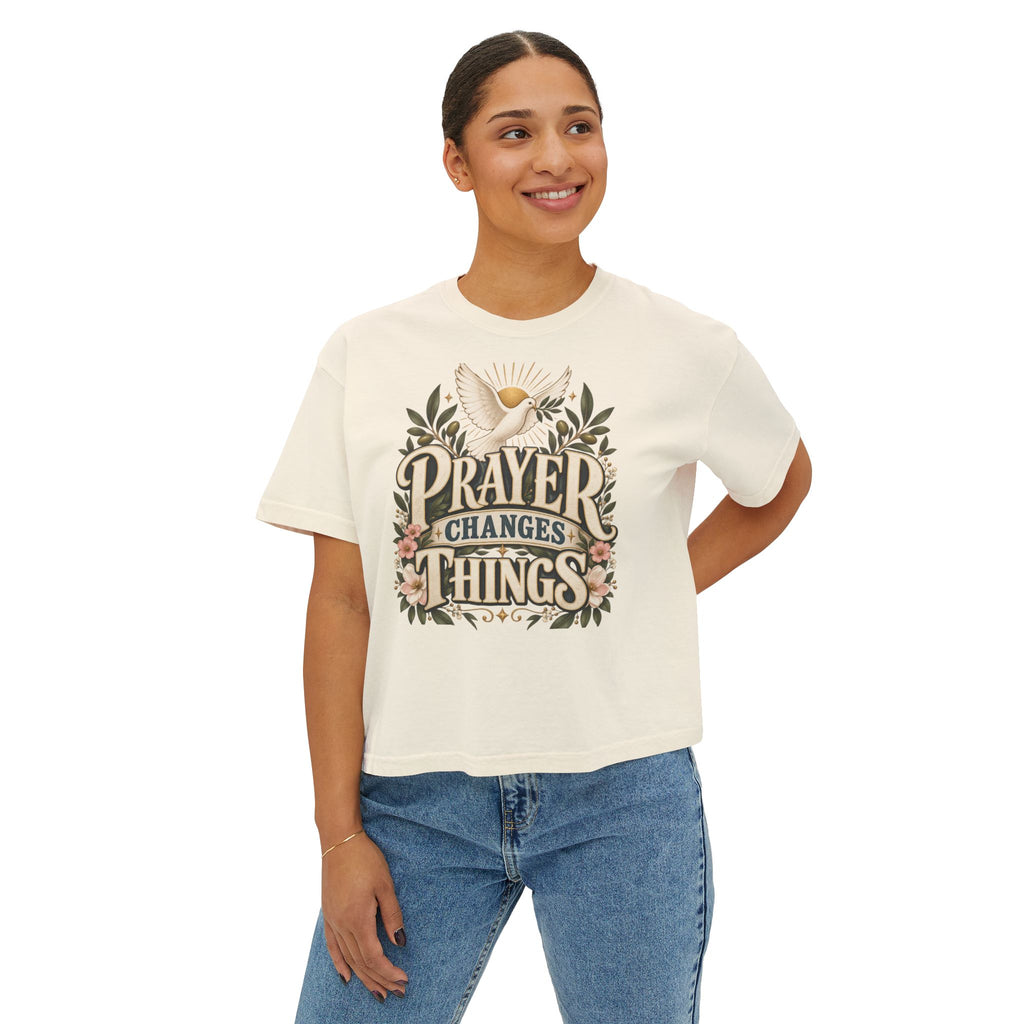 Prayer Changes Things Boxy Tee — Christian Floral Dove Shirt