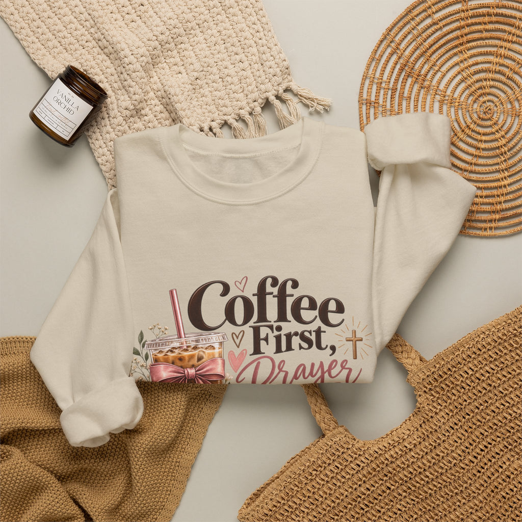 Crewneck Sweatshirt — "Coffee First, Prayers Always" Floral Faith Design