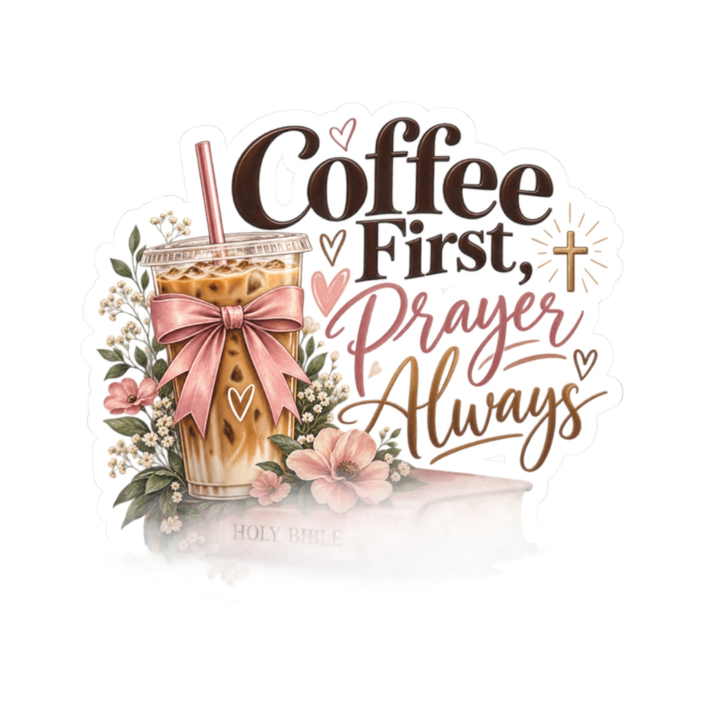 Coffee First, Prayer Always Sticker — Faith & Coffee Kiss-Cut Decal