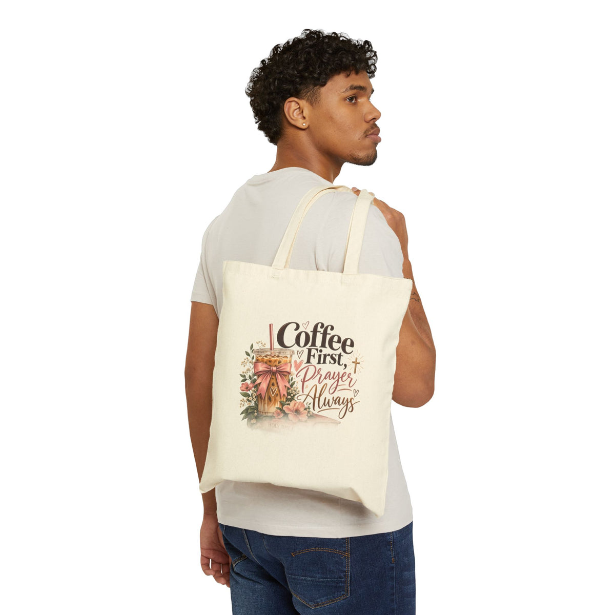 Tote Bag — "Coffee First, Prayer Always" Floral Christian Canvas Tote