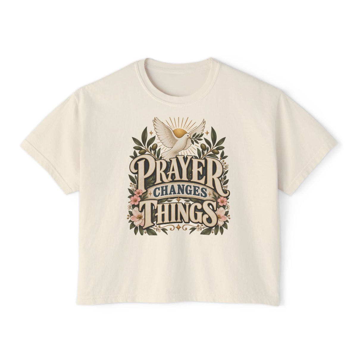 Prayer Changes Things Boxy Tee — Christian Floral Dove Shirt