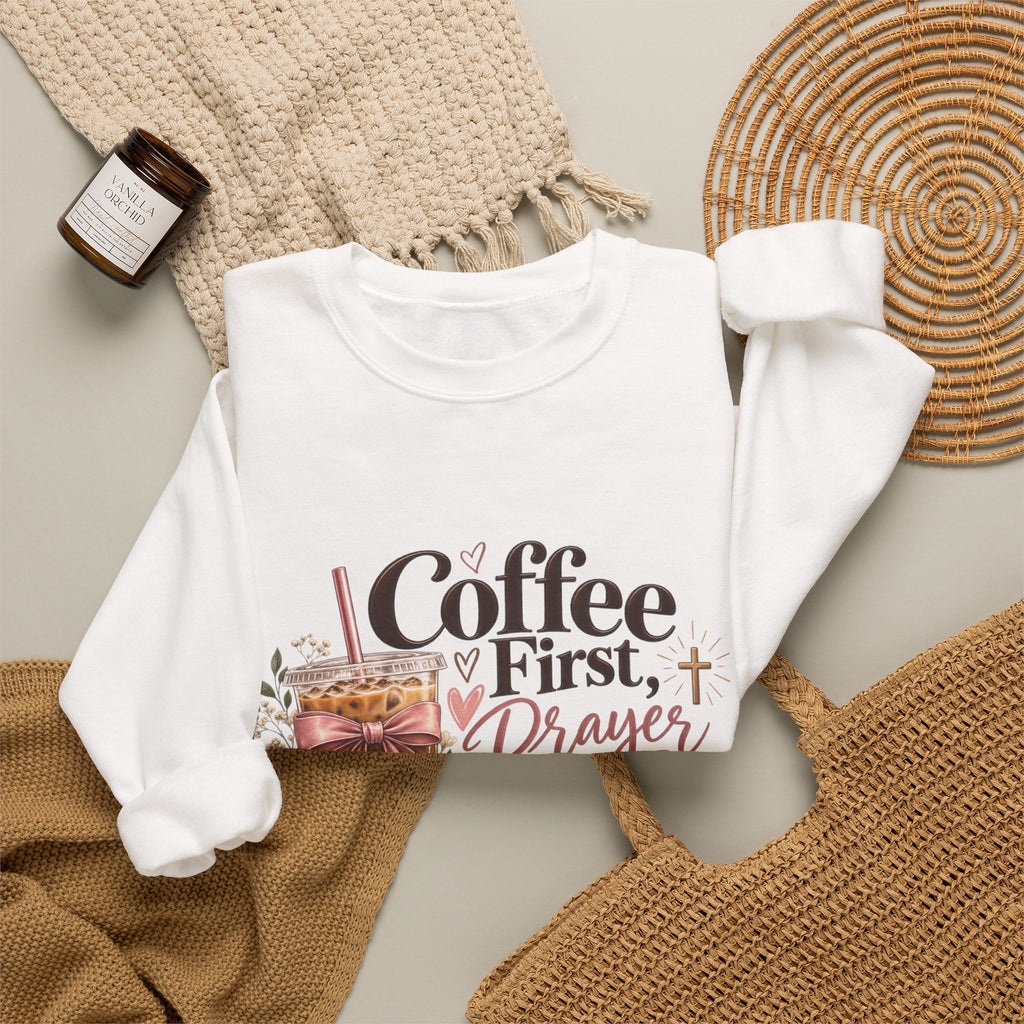 Crewneck Sweatshirt — "Coffee First, Prayers Always" Floral Faith Design