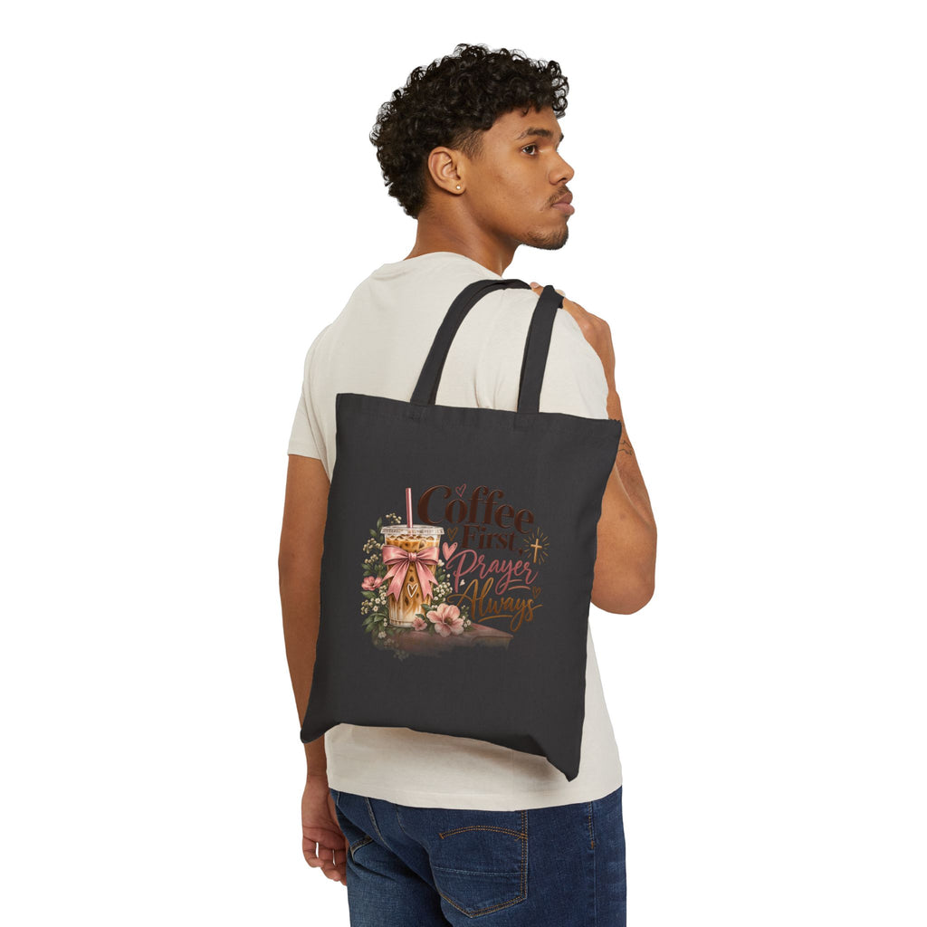 Tote Bag — "Coffee First, Prayer Always" Floral Christian Canvas Tote