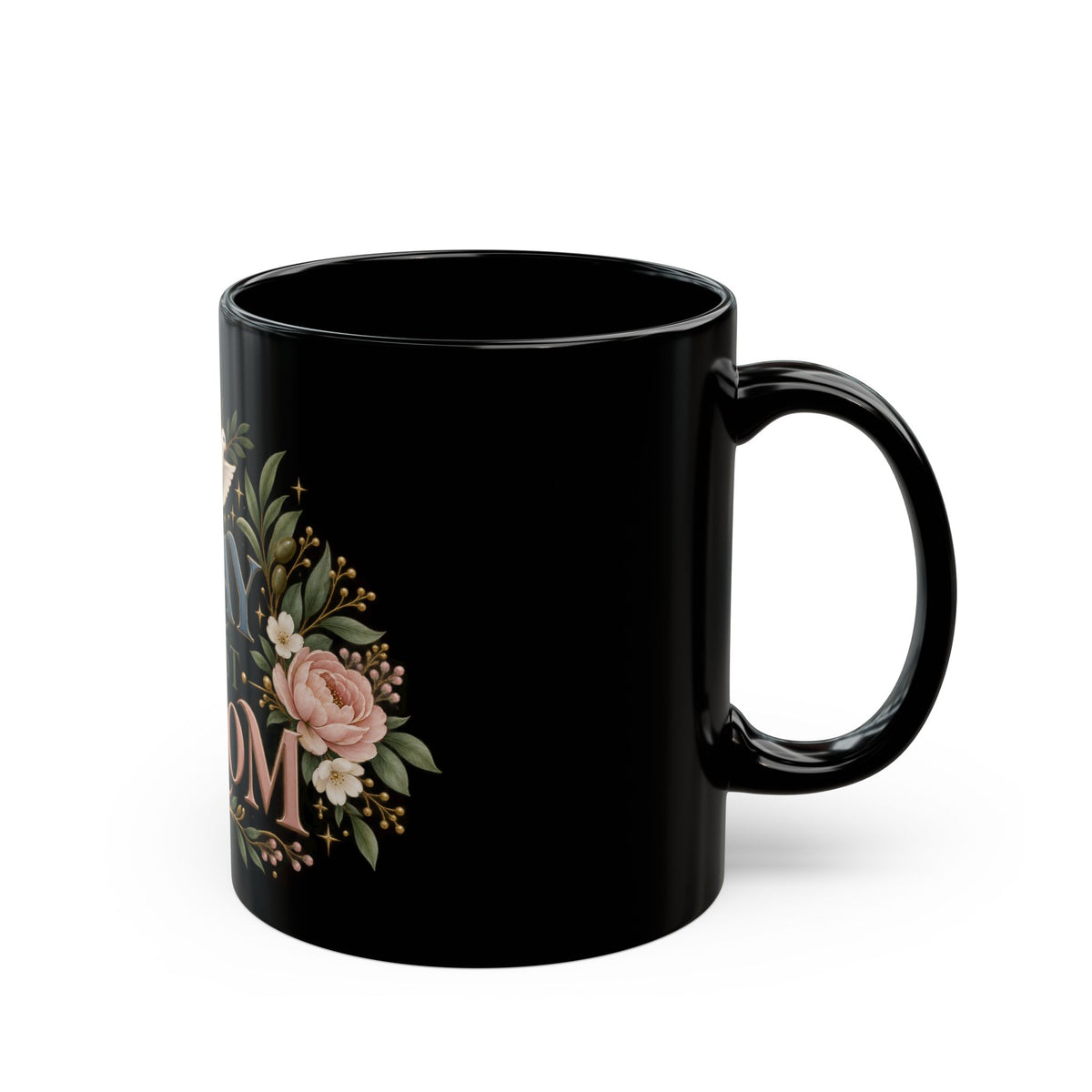 Pray Trust Bloom Black Ceramic Mug — Inspirational Dove & Floral 11oz/15oz