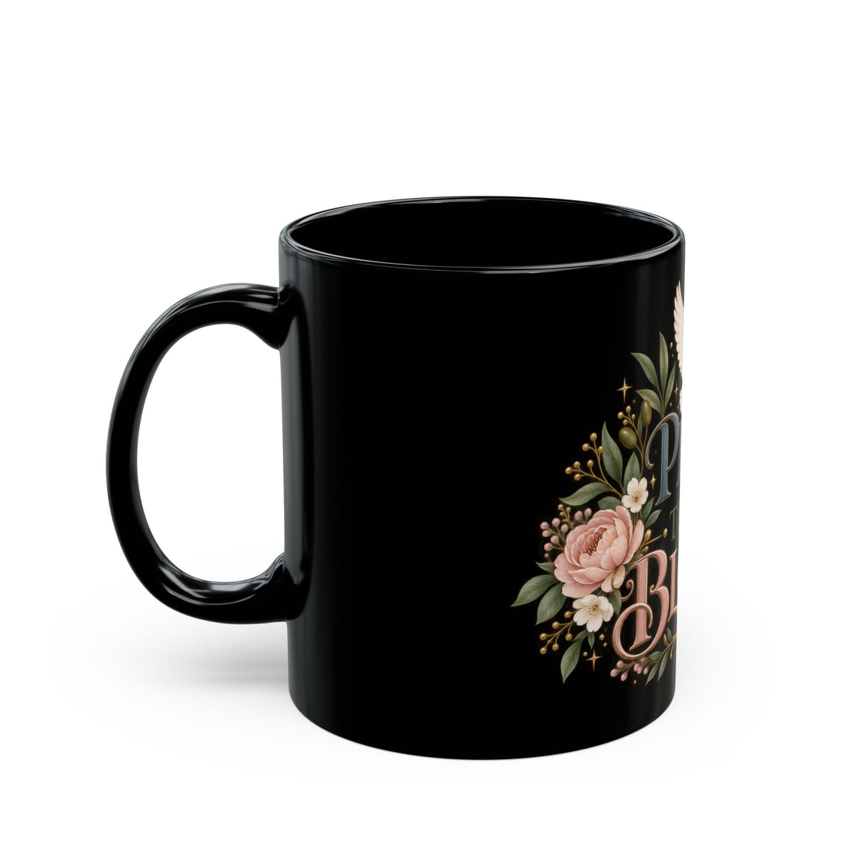 Pray Trust Bloom Black Ceramic Mug — Inspirational Dove & Floral 11oz/15oz
