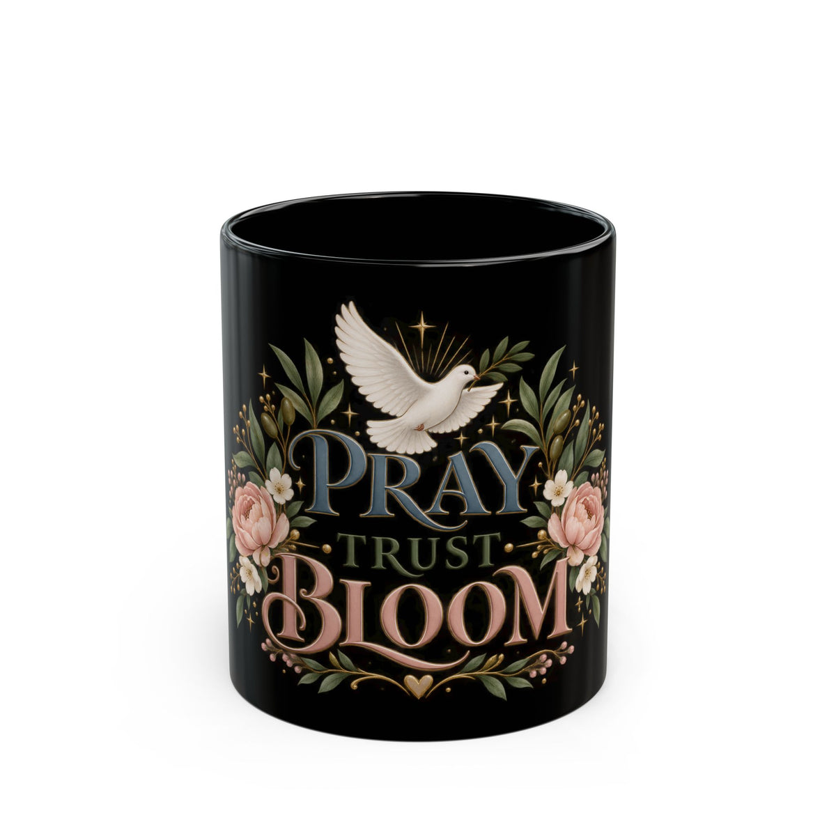 Pray Trust Bloom Black Ceramic Mug — Inspirational Dove & Floral 11oz/15oz